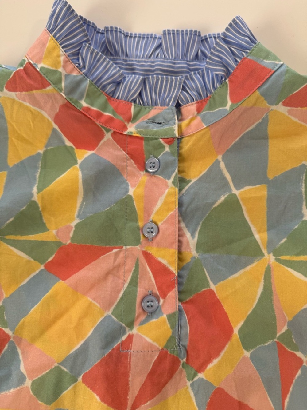 JODIFL Striped Blue Ruffle-Neck Top with Pastel Geometric Print Small - Picture 6 of 7